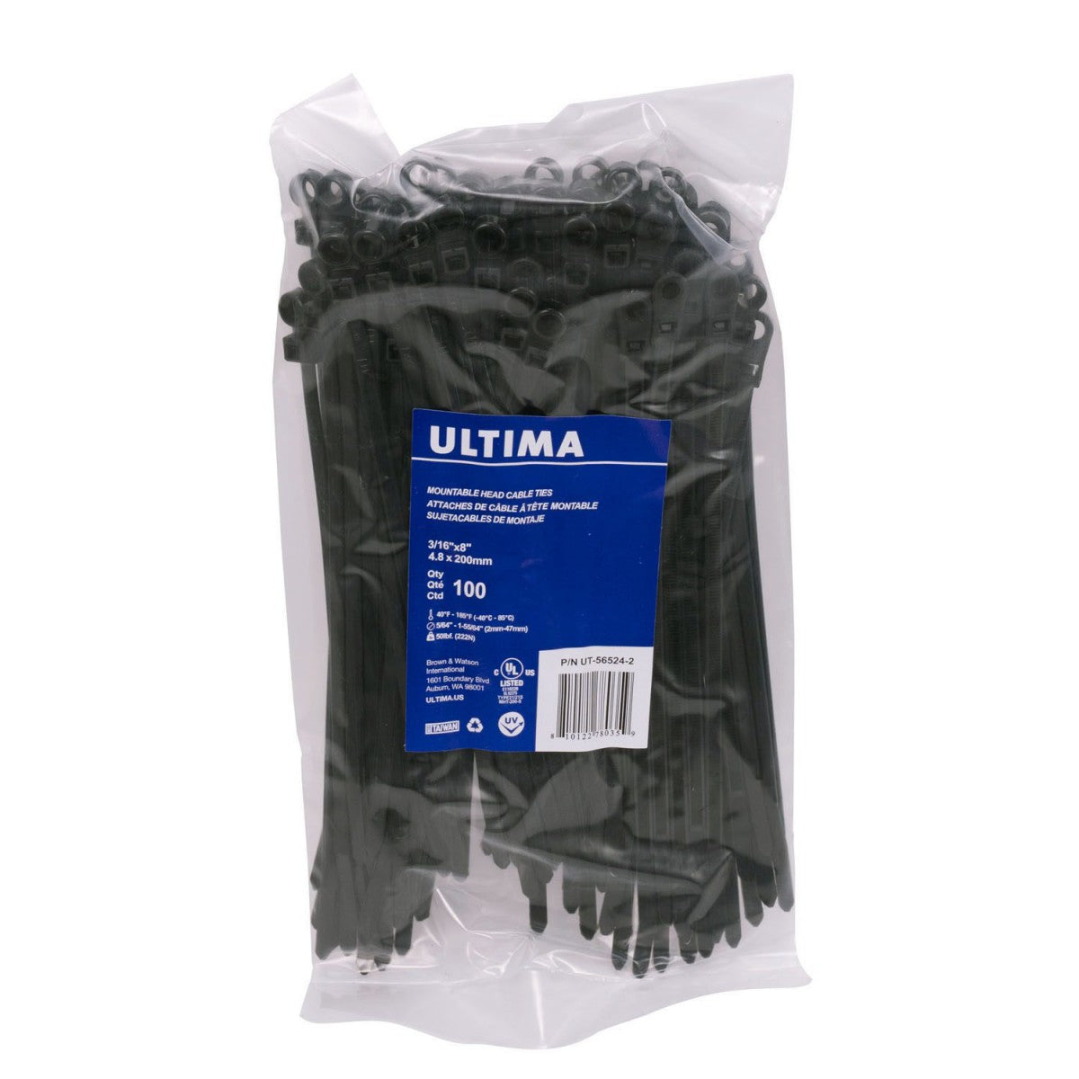 Ultima Strips, Med Skrueøye, 4.8 x 200mm, Svart, 100 Stk