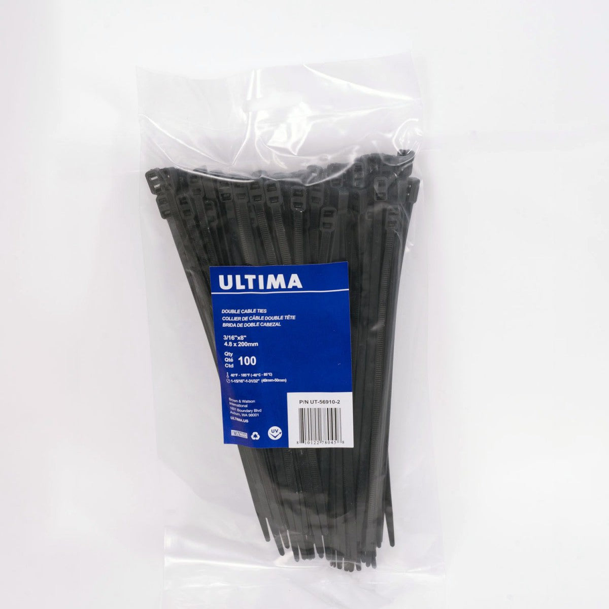 Ultima Strips, To-hodet, 4.8 x 200mm, Svart, 100 Stk