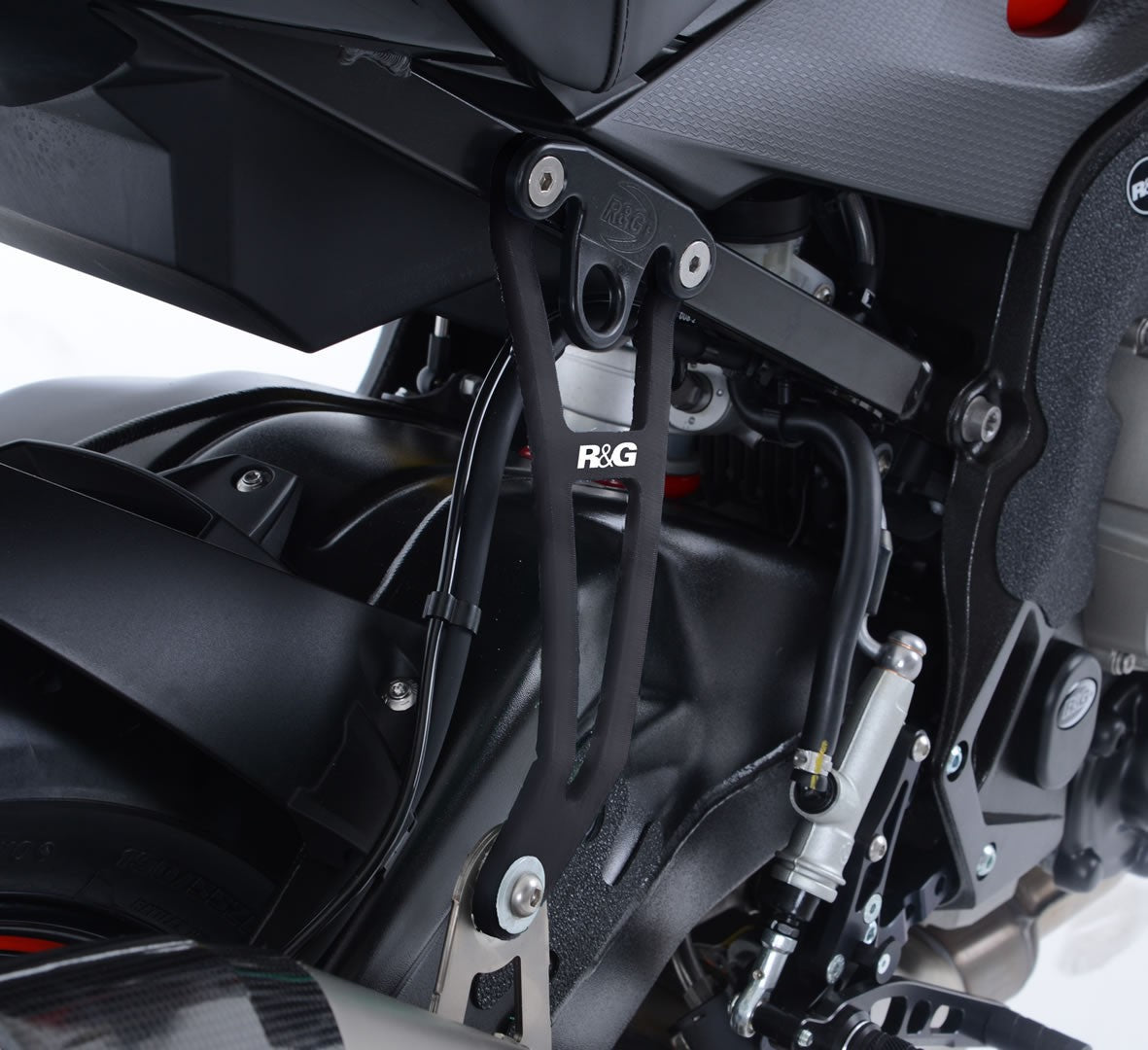 R&G Eksos Brakett & left hand footrest blanking plate (kit), black, BMW S1000R '17- with Akrapovic exhaust