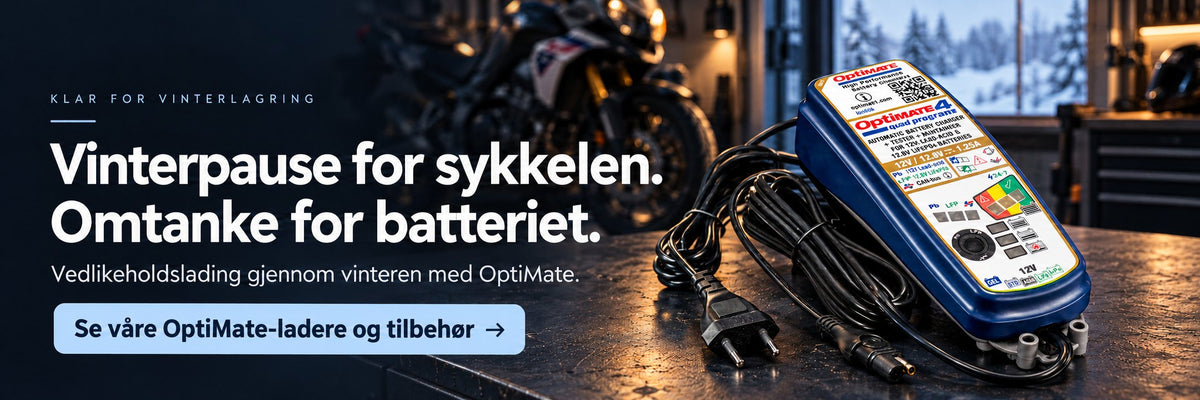 Vinterpause for sykkelen. Omtanke for batteriet. Vedlikeholdslading gjennom vinteren med OptiMate.